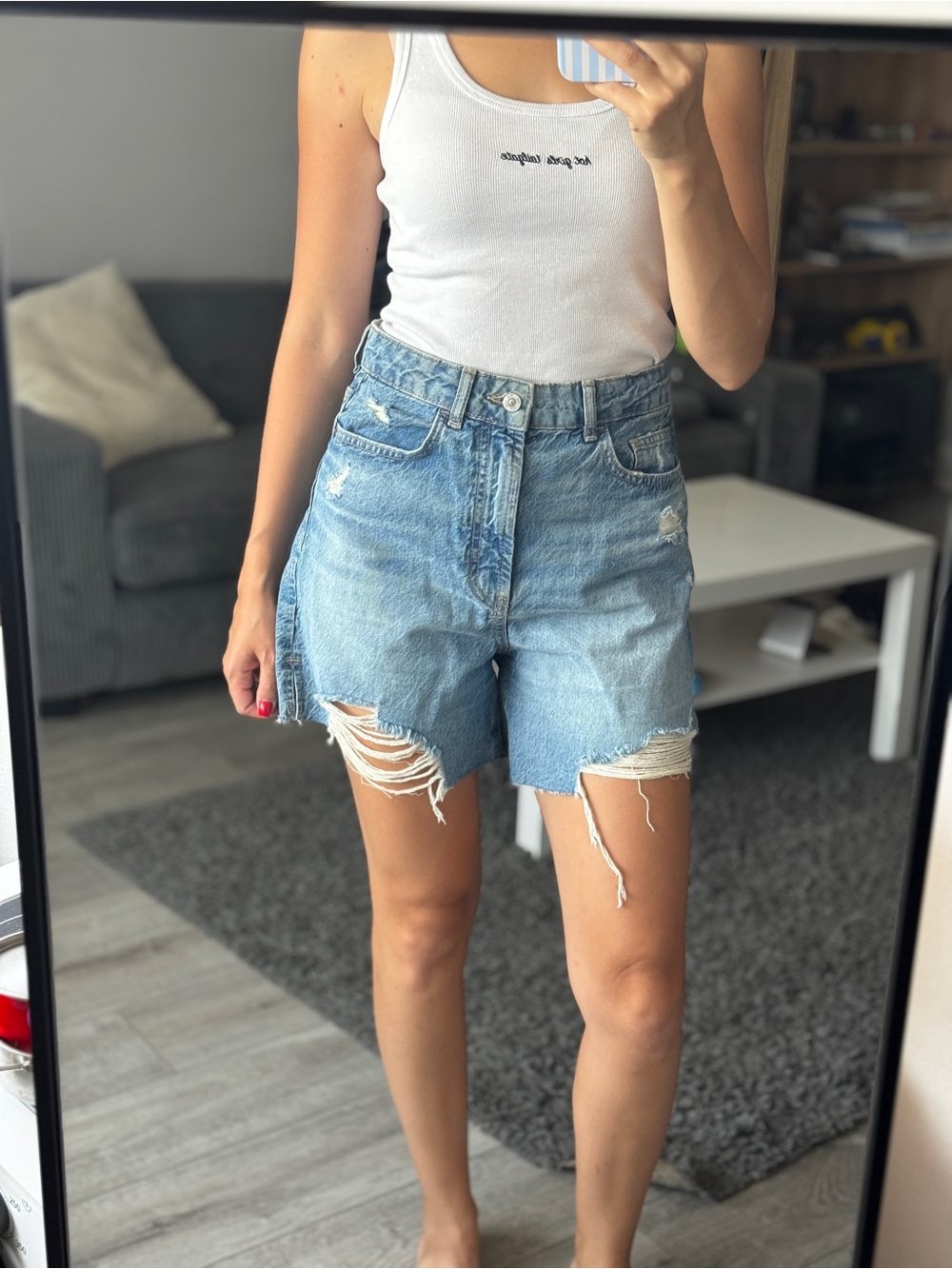 Zara Light Blue Distressed High-Rise Denim Shorts
